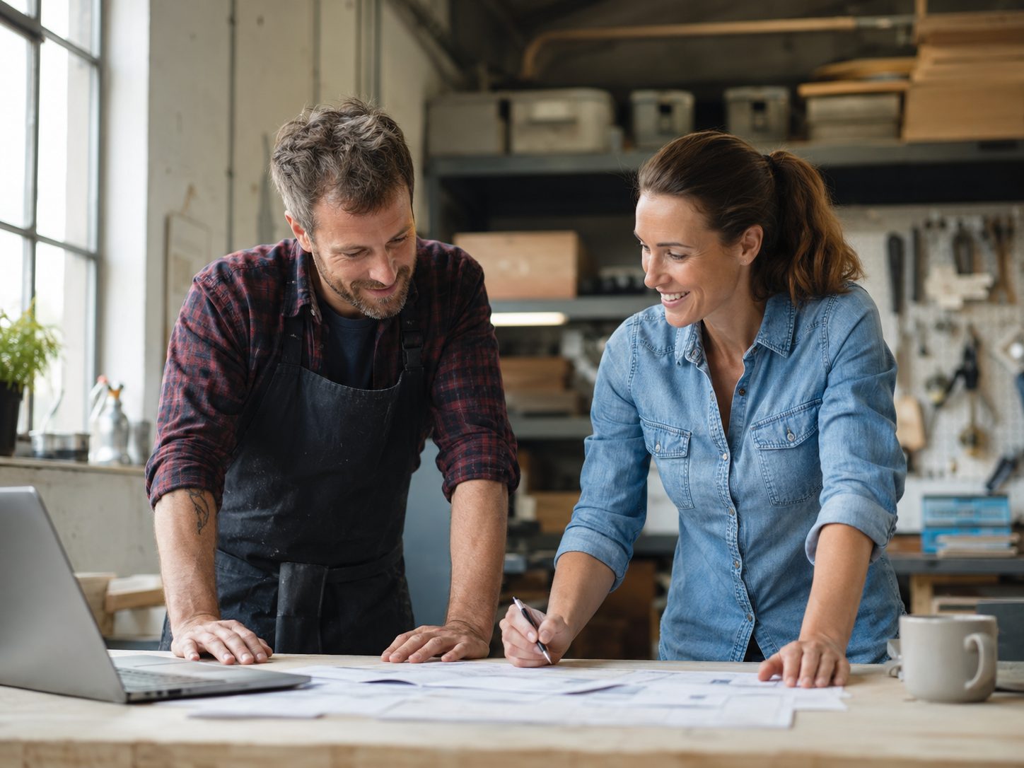 Business owner planning the future at a workshop bench