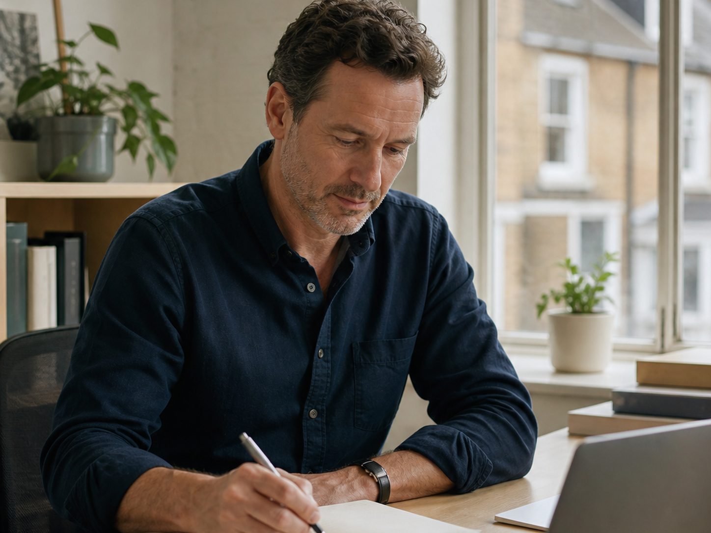 A small business owner checking the company's finances at a desk