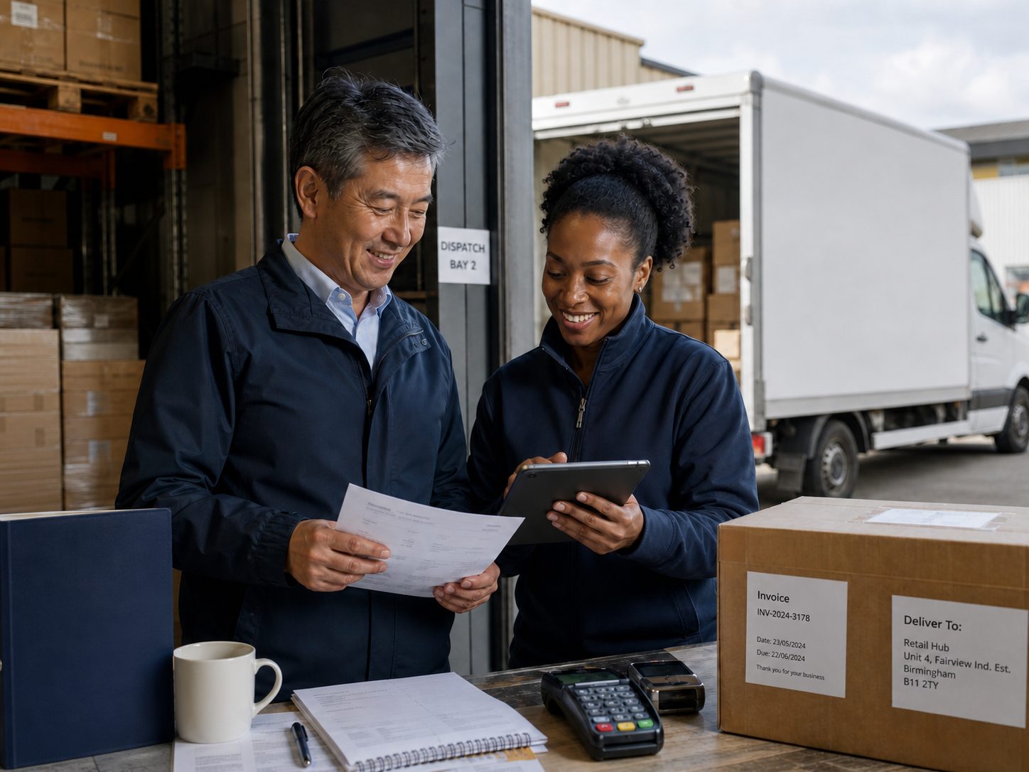A business owner checking a large order in the warehouse