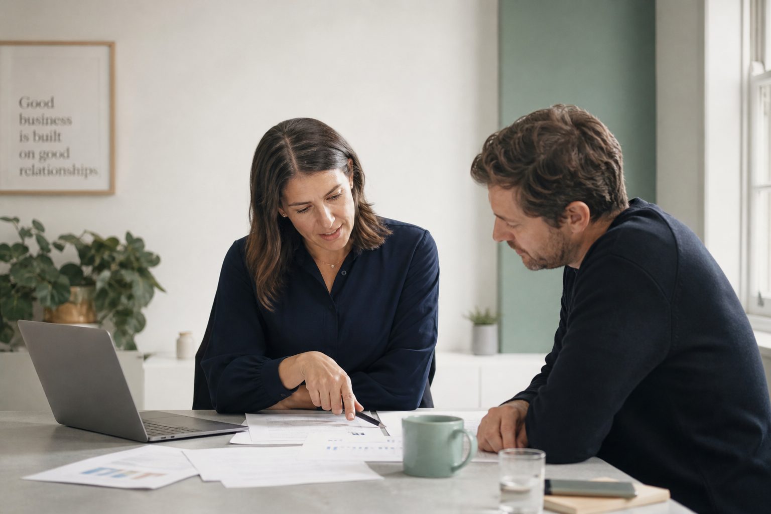 Two people working through financial paperwork together at a table, leaning over the same documents, daylight on the desk.