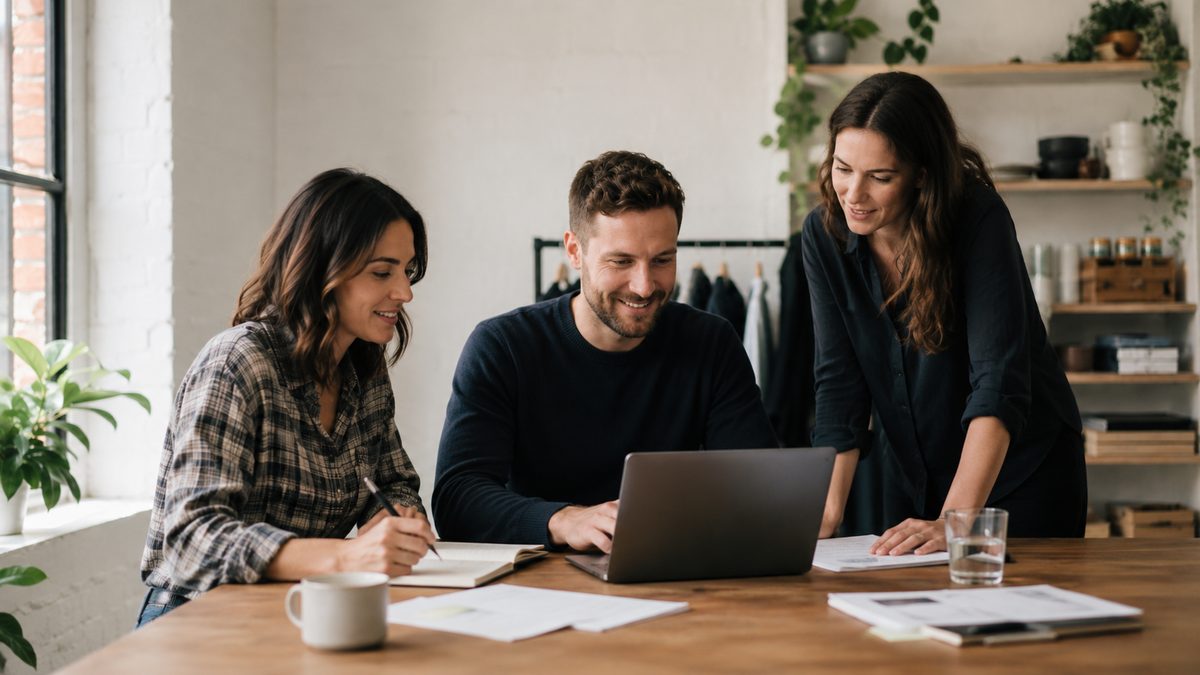 Four business owners and advisors discussing funding options around a table, with cash flow documents and a Juno Funding mug.