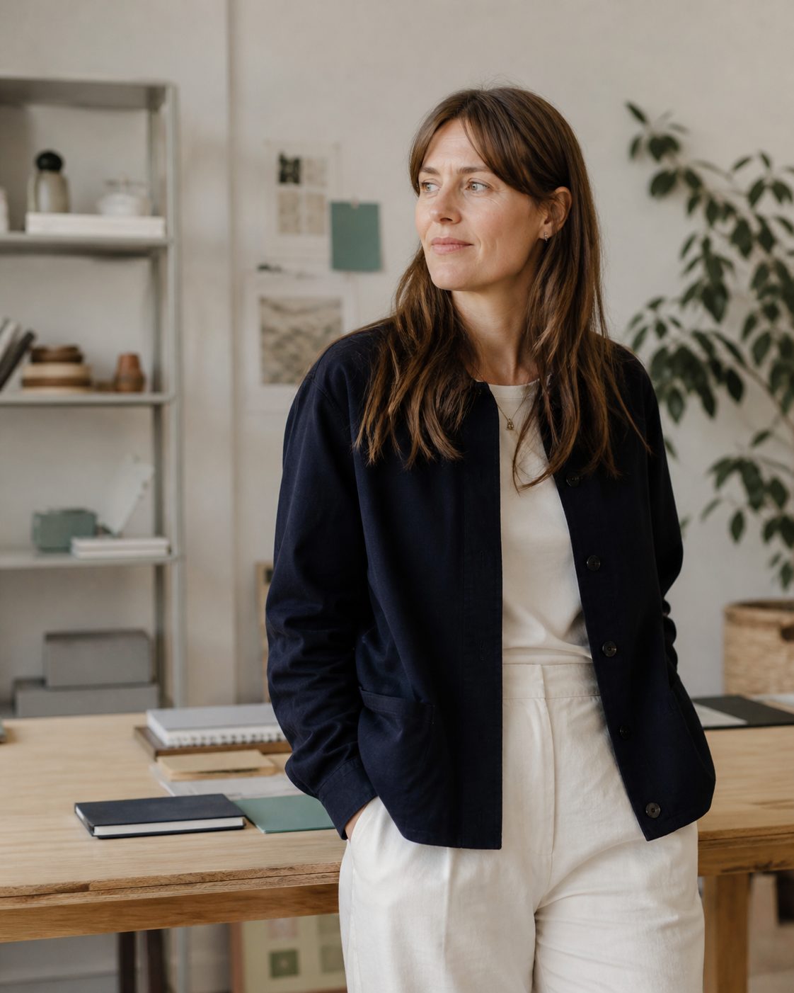 A small business owner standing at her desk in her workspace, calm and considered, daylight from a side window.