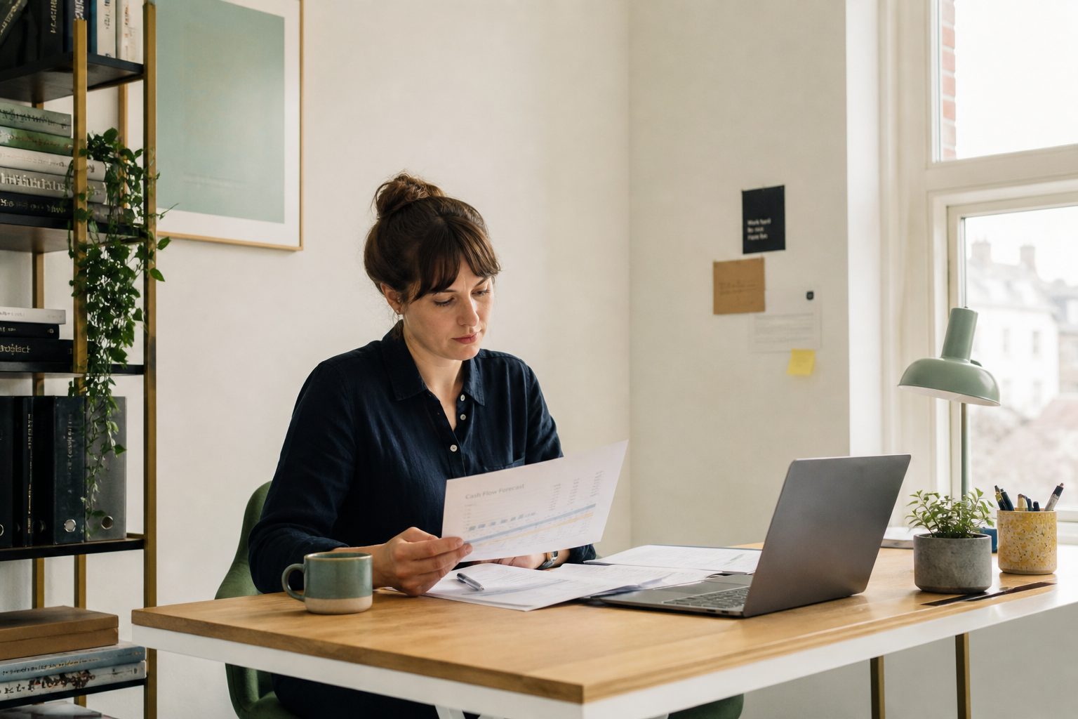 A woman reading printed pages at her desk with a laptop open, daylight from a window behind her, a mug of tea beside her.